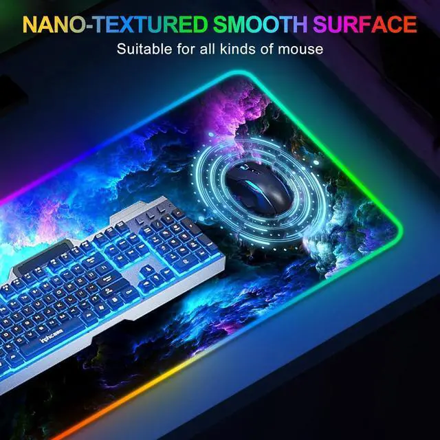Alt view image 5 of 7 - ARTSO RGB Gaming Mouse Pad Large, Extended LED Mouse Mat XXL 35.4x15.7 inch, 14 Lighting Modes, 2 Brightness, Non-Slip Rubber Base Mousepad Waterproof Keyboard Mat,Fantasy Nebula Sky
