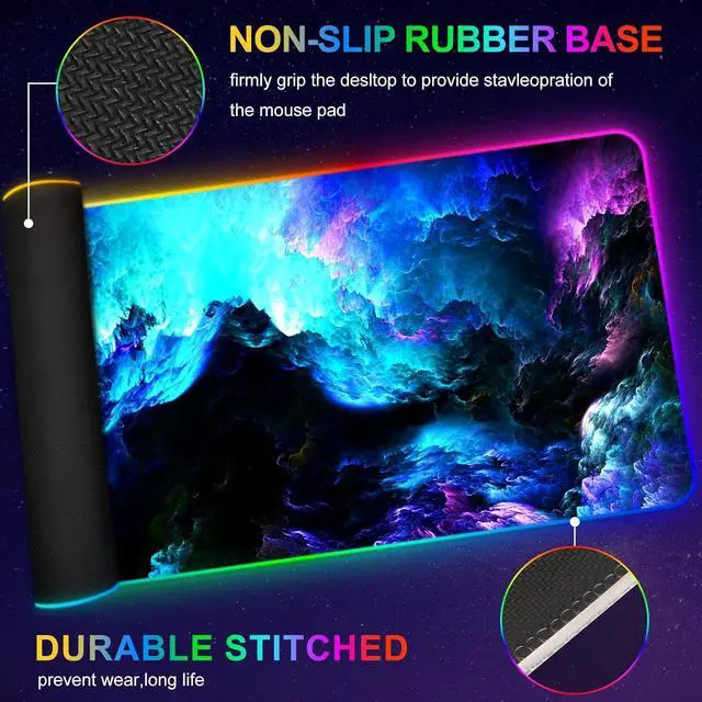 Alt view image 6 of 7 - ARTSO RGB Gaming Mouse Pad Large, Extended LED Mouse Mat XXL 35.4x15.7 inch, 14 Lighting Modes, 2 Brightness, Non-Slip Rubber Base Mousepad Waterproof Keyboard Mat,Fantasy Nebula Sky