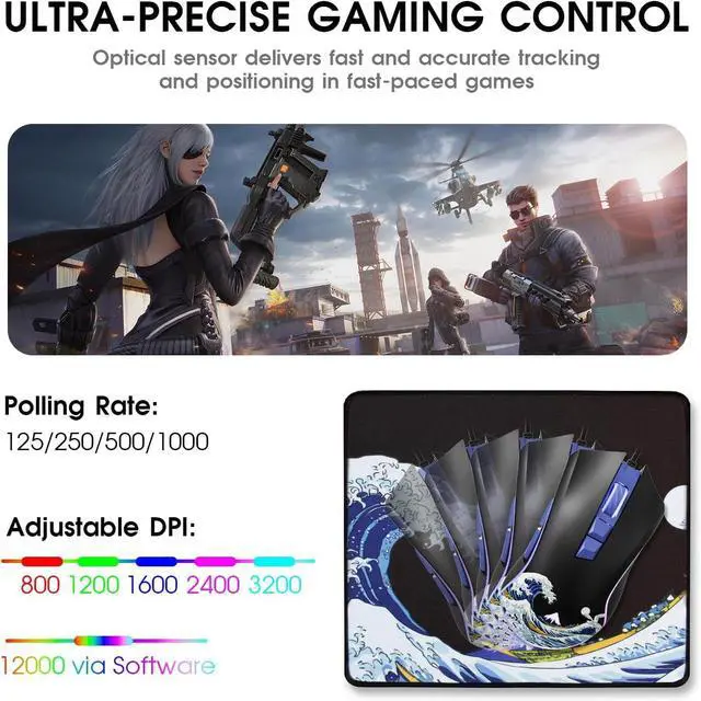 Alt view image 3 of 6 - HITIME XVX Wired Gaming Mouse, 12000 DPI RGB Mouse with 12 Backlit Modes & 7 Macro Buttons, PC Gaming Mice Support DIY Keybinding, Gamer Computer Mice for Laptop PC Mac Windows, Kanagawa