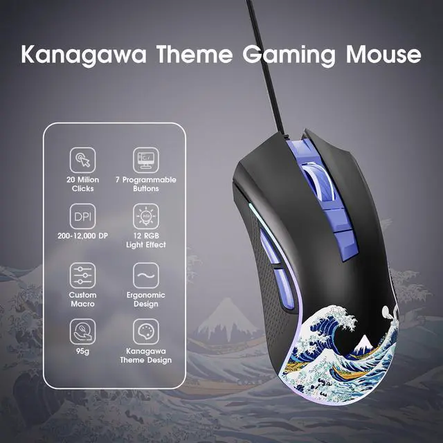 Alt view image 2 of 6 - HITIME XVX Wired Gaming Mouse, 12000 DPI RGB Mouse with 12 Backlit Modes & 7 Macro Buttons, PC Gaming Mice Support DIY Keybinding, Gamer Computer Mice for Laptop PC Mac Windows, Kanagawa