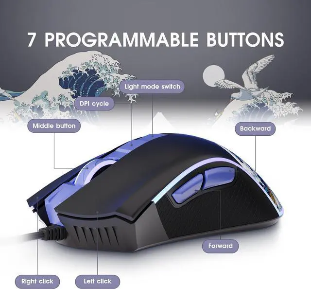 Alt view image 6 of 6 - HITIME XVX Wired Gaming Mouse, 12000 DPI RGB Mouse with 12 Backlit Modes & 7 Macro Buttons, PC Gaming Mice Support DIY Keybinding, Gamer Computer Mice for Laptop PC Mac Windows, Kanagawa