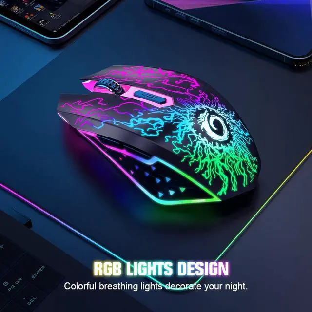 Alt view image 4 of 7 - VersionTECH. Wireless Gaming Mouse, Rechargeable Computer Mouse Mice with Colorful LED Lights, Silent Click, 2.4G USB Nano Receiver, 3 Level DPI for PC Gamer Laptop Desktop Chromebook Mac-Black