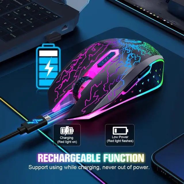 Alt view image 5 of 7 - VersionTECH. Wireless Gaming Mouse, Rechargeable Computer Mouse Mice with Colorful LED Lights, Silent Click, 2.4G USB Nano Receiver, 3 Level DPI for PC Gamer Laptop Desktop Chromebook Mac-Black