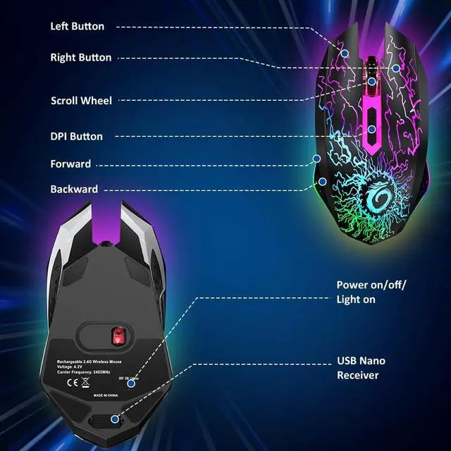 Alt view image 6 of 7 - VersionTECH. Wireless Gaming Mouse, Rechargeable Computer Mouse Mice with Colorful LED Lights, Silent Click, 2.4G USB Nano Receiver, 3 Level DPI for PC Gamer Laptop Desktop Chromebook Mac-Black