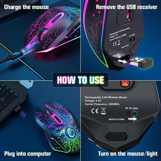 Alt view image 7 of 7 - VersionTECH. Wireless Gaming Mouse, Rechargeable Computer Mouse Mice with Colorful LED Lights, Silent Click, 2.4G USB Nano Receiver, 3 Level DPI for PC Gamer Laptop Desktop Chromebook Mac-Black