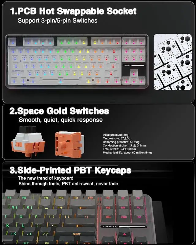 Alt view image 5 of 7 - AULA F87 Pro Wireless Mechanical Keyboard,Tri-Mode BT5.0/2.4GHz/USB-C Hot Swappable Custom Keyboard,Pre-lubed Switches,Side Printed PBT Keycaps,75% TKL RGB Backlit Gaming Keyboards