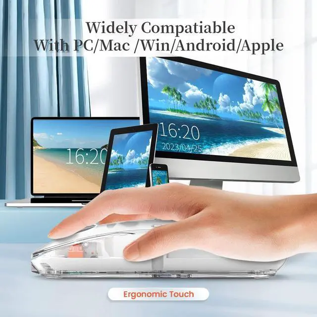 Alt view image 4 of 7 - A.JAZZ Wireless Bluetooth5.1&2.4G Mini Lightweight Mouse,Transparent Clear Cool,Rechargeable Silent Computer Mice,Nano USB C Receiver,LED Battery Magic Silm for Office/PC/Mac/Laptop/Apple/ipad(White)