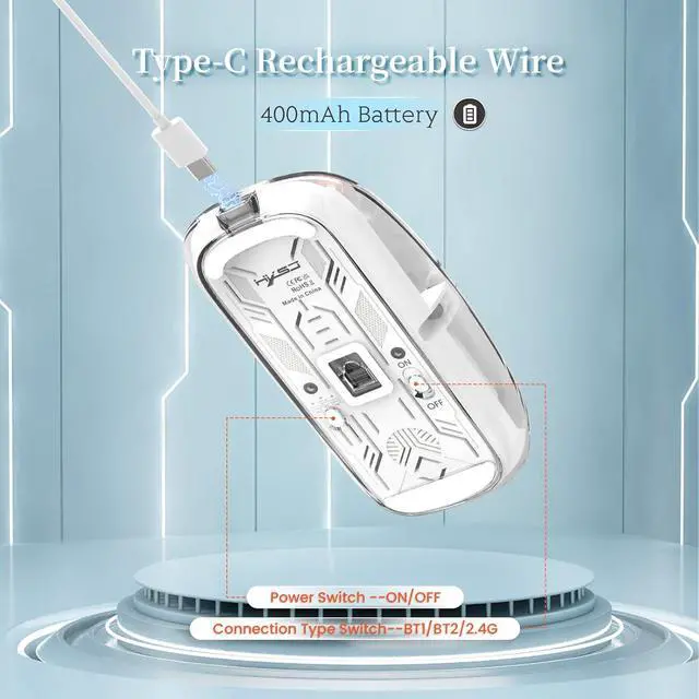 Alt view image 7 of 7 - A.JAZZ Wireless Bluetooth5.1&2.4G Mini Lightweight Mouse,Transparent Clear Cool,Rechargeable Silent Computer Mice,Nano USB C Receiver,LED Battery Magic Silm for Office/PC/Mac/Laptop/Apple/ipad(White)