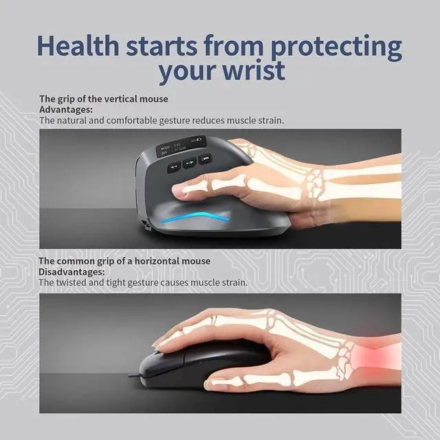 Alt view image 4 of 7 - zelotes Bluetooth Wireless Mouse with Display,Rechargeable,3200DPI,BT 5.0/3.0 & 2.4G,7 Buttons,LED,USB Optical Ergonomic Vertical Mouse für Laptop,PC,Tablets,Black