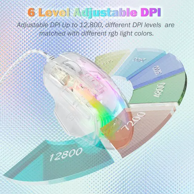 Alt view image 3 of 7 - Wired Gaming Mouse with Transparent Crystal Shell, Custom LED Lighting, USB Ergonomic Optical Mice with Side Buttons, Adjustable DPI Up to12800 for PC/Laptop/Mac, Computer Mouse for Game/Office Use