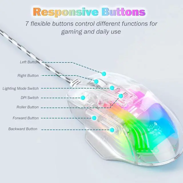 Alt view image 4 of 7 - Wired Gaming Mouse with Transparent Crystal Shell, Custom LED Lighting, USB Ergonomic Optical Mice with Side Buttons, Adjustable DPI Up to12800 for PC/Laptop/Mac, Computer Mouse for Game/Office Use