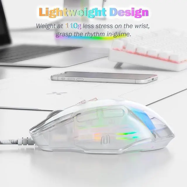 Alt view image 5 of 7 - Wired Gaming Mouse with Transparent Crystal Shell, Custom LED Lighting, USB Ergonomic Optical Mice with Side Buttons, Adjustable DPI Up to12800 for PC/Laptop/Mac, Computer Mouse for Game/Office Use