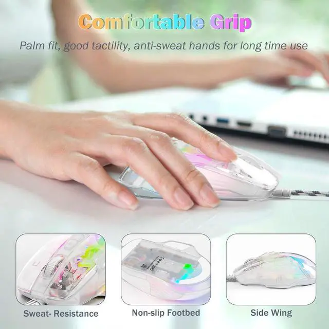 Alt view image 6 of 7 - Wired Gaming Mouse with Transparent Crystal Shell, Custom LED Lighting, USB Ergonomic Optical Mice with Side Buttons, Adjustable DPI Up to12800 for PC/Laptop/Mac, Computer Mouse for Game/Office Use