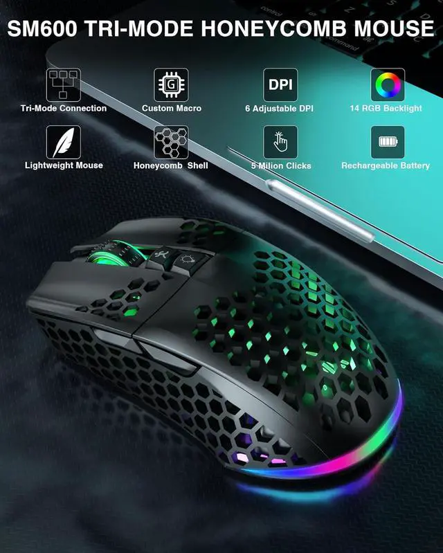 Alt view image 2 of 7 - SM600 Honeycomb Shell Gaming Mouse Wireless,8000 DPI Tri-Modes BT5.1/2.4G Wireless/Type-C Wired Gamer Mouse with 2 Side Buttons, Macro Programmable and RGB Light for PC/Mac/Laptop,Black