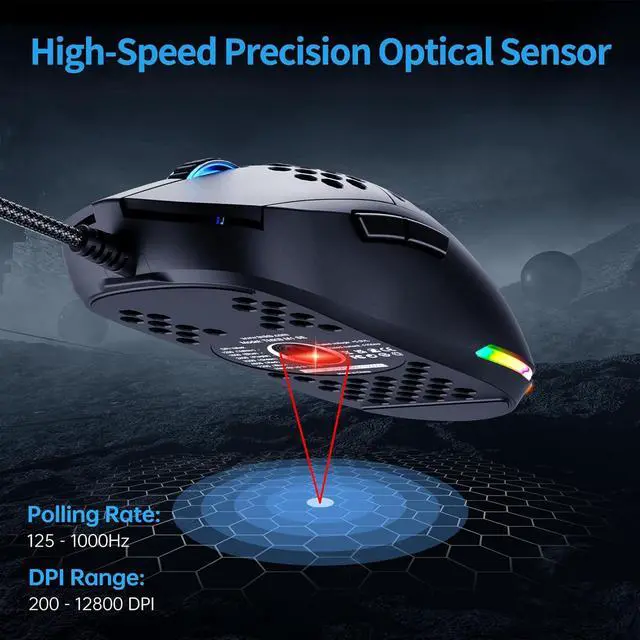 Alt view image 2 of 7 - TMKB Falcon M1SE Ultralight Honeycomb Gaming Mouse, High-Precision 12800DPI Optical Sensor, 6 Programmable Buttons, Customizable RGB, Drag-Free Paracord, Ergonomic Wired Gaming Mouse - Matte Black