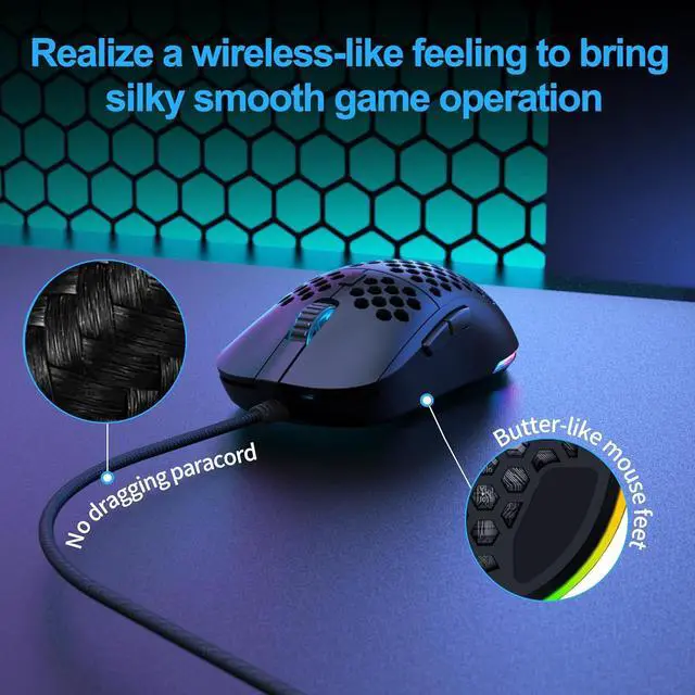 Alt view image 5 of 7 - TMKB Falcon M1SE Ultralight Honeycomb Gaming Mouse, High-Precision 12800DPI Optical Sensor, 6 Programmable Buttons, Customizable RGB, Drag-Free Paracord, Ergonomic Wired Gaming Mouse - Matte Black