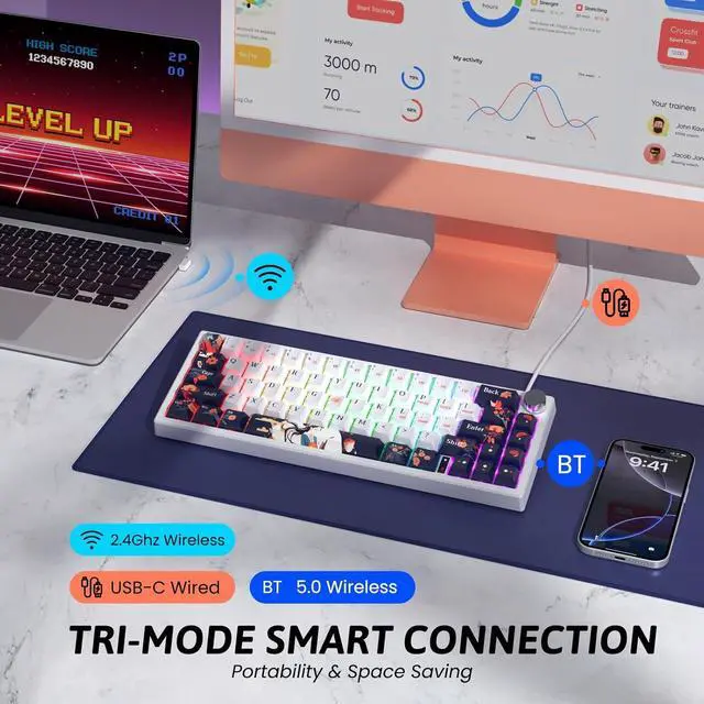 Alt view image 2 of 7 - RisoPhy PC425 Wireless Gaming Keyboard, Gasket Mount, RGB Backlight, Volume Knob, 2.4GHz/USB-C/BT5.0, 60% Mechanical Gaming Keyboard for Mac/Win