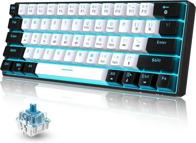 Main image of Snpurdiri 60% Wired Mechanical Gaming Keyboard, Ice Blue LED Backlit 61 Keys Mini Wired Office Keyboard for Windows Laptop PC Mac (Black-White, Blue Switches)