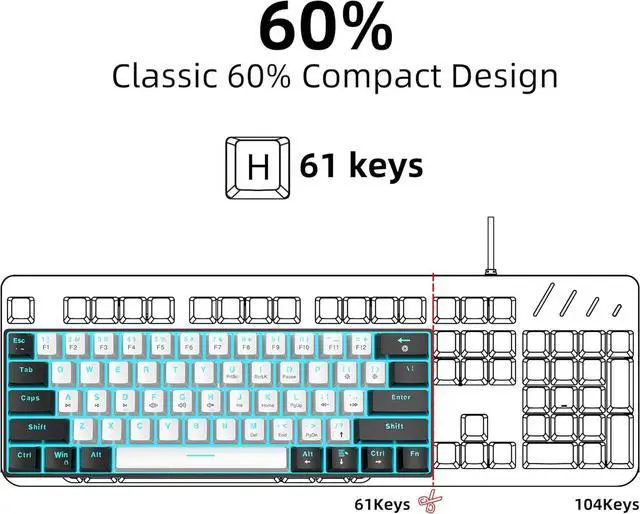 Alt view image 2 of 7 - Snpurdiri 60% Wired Mechanical Gaming Keyboard, Ice Blue LED Backlit 61 Keys Mini Wired Office Keyboard for Windows Laptop PC Mac (Black-White, Blue Switches)