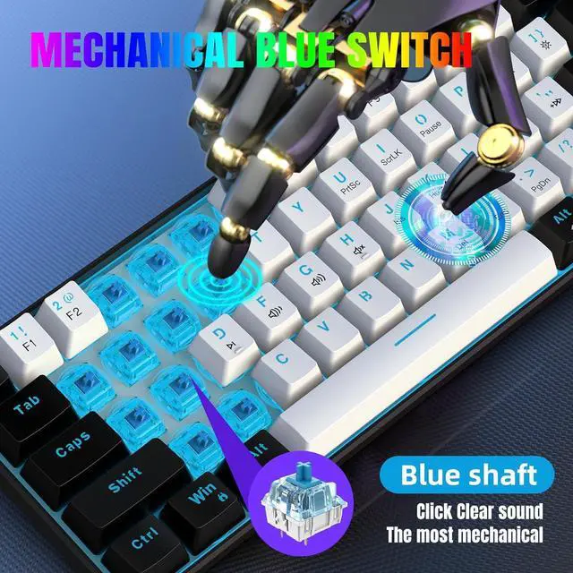 Alt view image 3 of 7 - Snpurdiri 60% Wired Mechanical Gaming Keyboard, Ice Blue LED Backlit 61 Keys Mini Wired Office Keyboard for Windows Laptop PC Mac (Black-White, Blue Switches)
