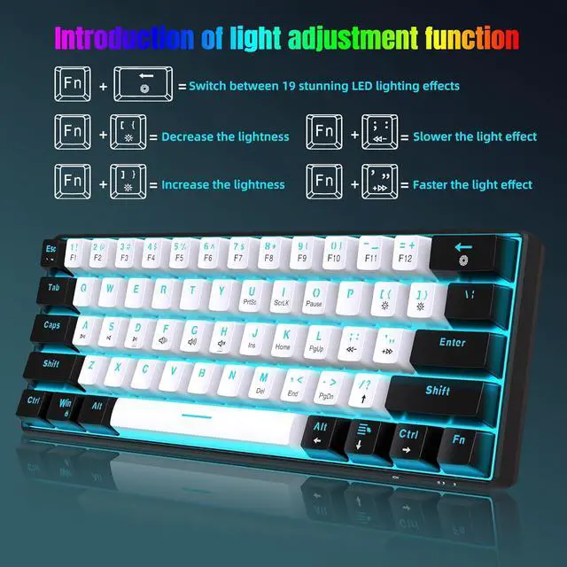 Alt view image 4 of 7 - Snpurdiri 60% Wired Mechanical Gaming Keyboard, Ice Blue LED Backlit 61 Keys Mini Wired Office Keyboard for Windows Laptop PC Mac (Black-White, Blue Switches)