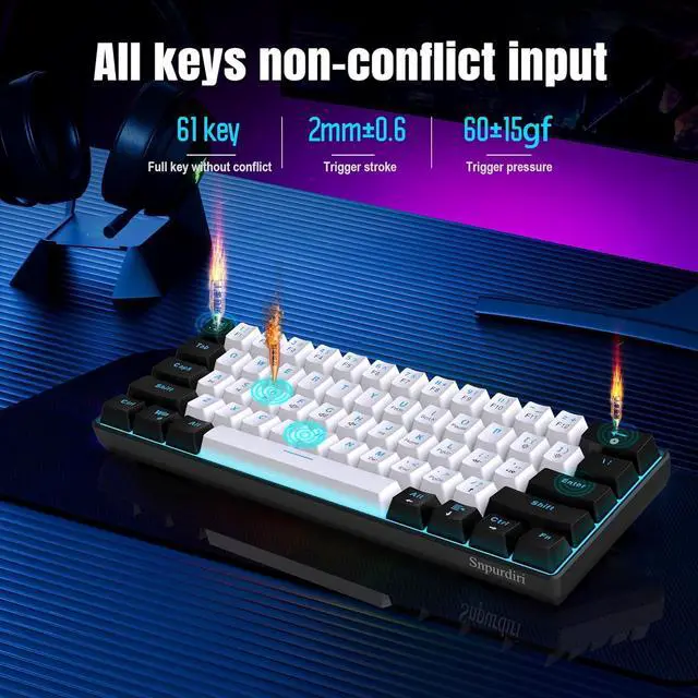 Alt view image 6 of 7 - Snpurdiri 60% Wired Mechanical Gaming Keyboard, Ice Blue LED Backlit 61 Keys Mini Wired Office Keyboard for Windows Laptop PC Mac (Black-White, Blue Switches)