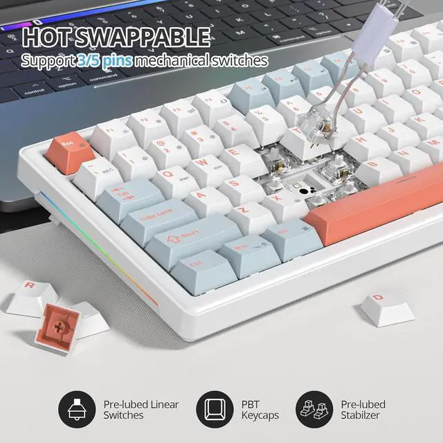 Alt view image 5 of 6 - 75% Mechanical Keyboard Gasket with Knob, Custom Wired Creamy Gaming Keyboard TKL 75 Percent Hot Swappable RGB Backlit, Pre-lubed Switch for Win/MAC PC LaptopSalmon/White