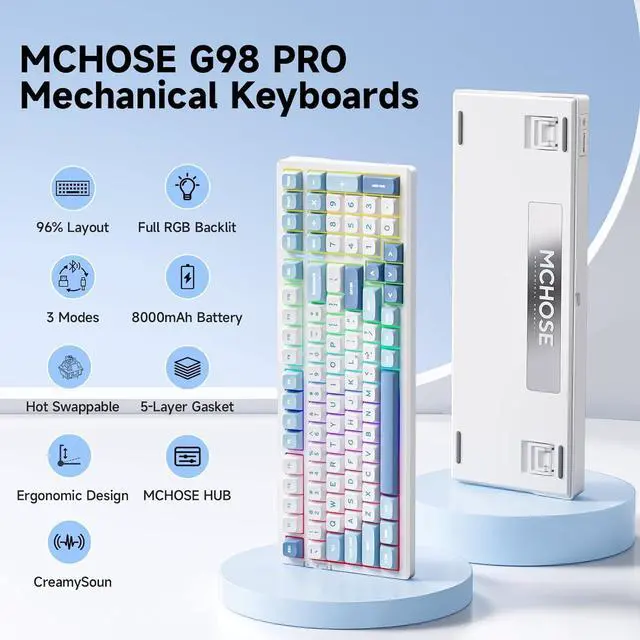 Alt view image 2 of 7 - MCHOSE G98 PRO Wireless Gaming Keyboard, Tri-Mode Connection Mechanical Keyboard, Hot Swappable Custom Gasket Structure, Pre-lubed Linear Switches, Double Shot PBT Keycaps, RGB LED Backlit, Blue&White