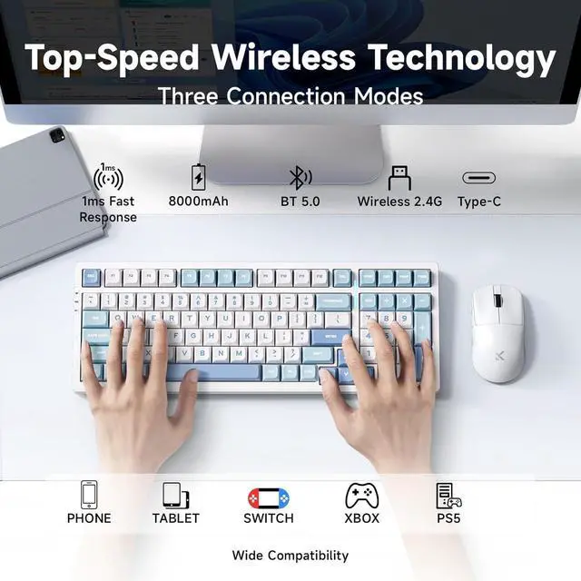 Alt view image 3 of 7 - MCHOSE G98 PRO Wireless Gaming Keyboard, Tri-Mode Connection Mechanical Keyboard, Hot Swappable Custom Gasket Structure, Pre-lubed Linear Switches, Double Shot PBT Keycaps, RGB LED Backlit, Blue&White