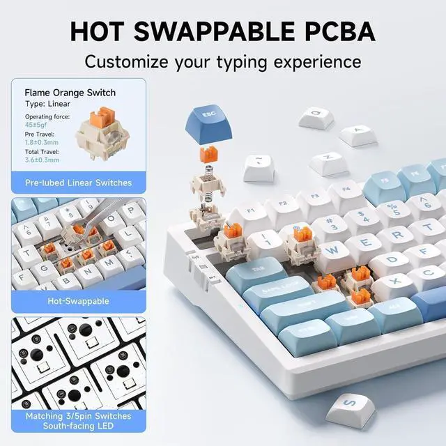 Alt view image 4 of 7 - MCHOSE G98 PRO Wireless Gaming Keyboard, Tri-Mode Connection Mechanical Keyboard, Hot Swappable Custom Gasket Structure, Pre-lubed Linear Switches, Double Shot PBT Keycaps, RGB LED Backlit, Blue&White