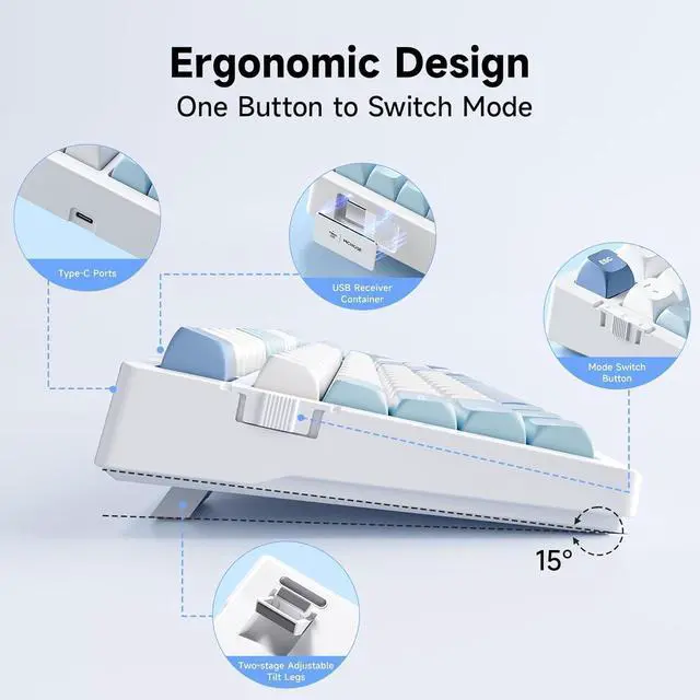 Alt view image 5 of 7 - MCHOSE G98 PRO Wireless Gaming Keyboard, Tri-Mode Connection Mechanical Keyboard, Hot Swappable Custom Gasket Structure, Pre-lubed Linear Switches, Double Shot PBT Keycaps, RGB LED Backlit, Blue&White