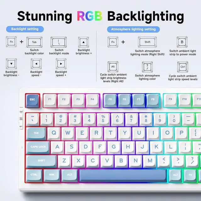 Alt view image 7 of 7 - MCHOSE G98 PRO Wireless Gaming Keyboard, Tri-Mode Connection Mechanical Keyboard, Hot Swappable Custom Gasket Structure, Pre-lubed Linear Switches, Double Shot PBT Keycaps, RGB LED Backlit, Blue&White