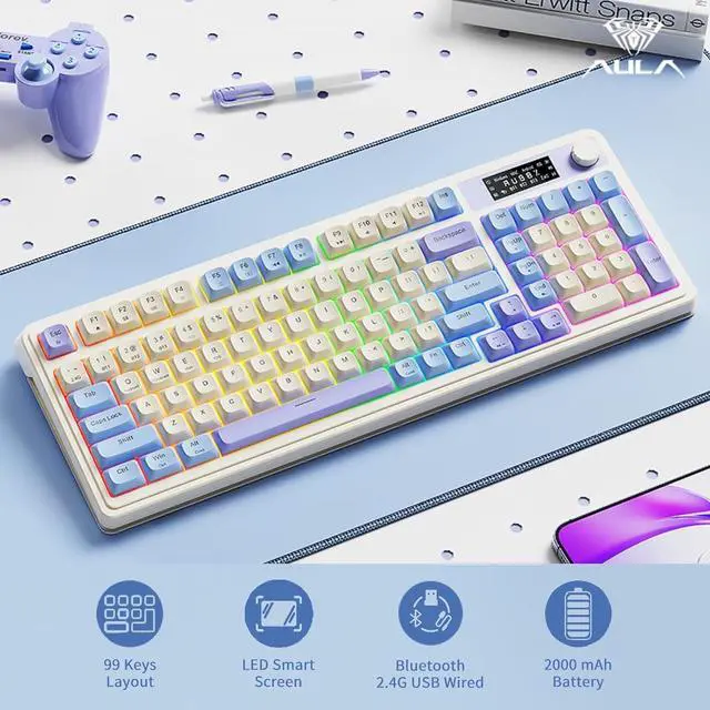 Alt view image 2 of 7 - AULA S99 Pro Gaming Keyboard, Cute Creamy Keyboard with Number Pad Smart Screen, Tri-Mode Bluetooth/2.4G/USB-C Computer Keyboards, Media Knob Custom RGB Backlit Feel for MAC Xbox PC Gamer - Purple