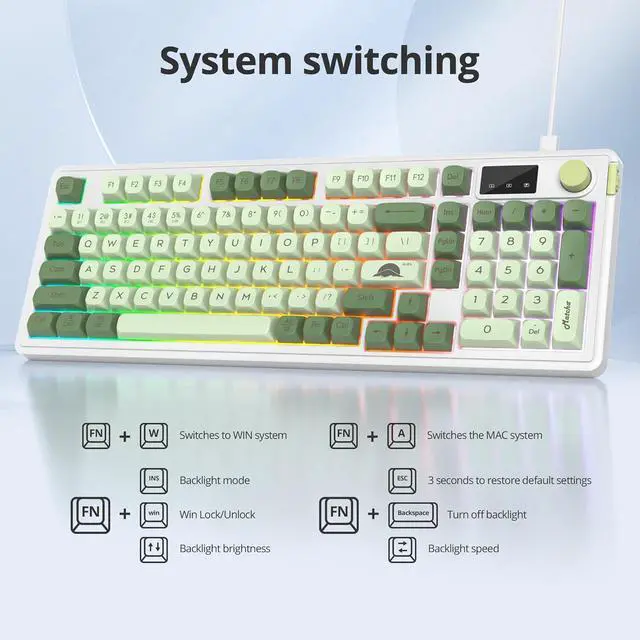 Alt view image 3 of 6 - Owpkeenthy 96% Wireless Matcha Green Keyboard with Number Pad Knob, 98 Keys Silent Mechanical Feeling Membrane Creamy Gaming Keyboard 3-Mode Wired/Bluetooth 5.0/2.4G for Win/Mac(98 Matcha)