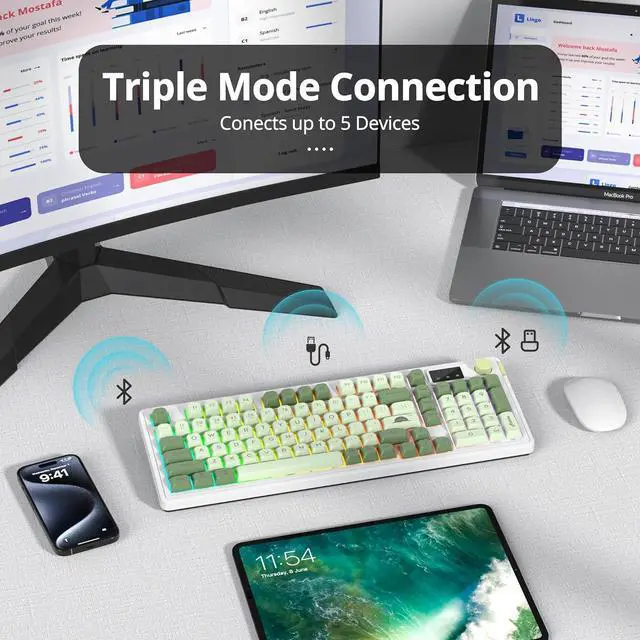 Alt view image 2 of 6 - Owpkeenthy 96% Wireless Matcha Green Keyboard with Number Pad Knob, 98 Keys Silent Mechanical Feeling Membrane Creamy Gaming Keyboard 3-Mode Wired/Bluetooth 5.0/2.4G for Win/Mac(98 Matcha)