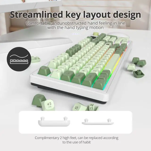 Alt view image 4 of 6 - Owpkeenthy 96% Wireless Matcha Green Keyboard with Number Pad Knob, 98 Keys Silent Mechanical Feeling Membrane Creamy Gaming Keyboard 3-Mode Wired/Bluetooth 5.0/2.4G for Win/Mac(98 Matcha)