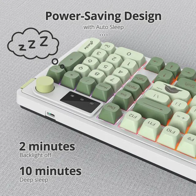 Alt view image 5 of 6 - Owpkeenthy 96% Wireless Matcha Green Keyboard with Number Pad Knob, 98 Keys Silent Mechanical Feeling Membrane Creamy Gaming Keyboard 3-Mode Wired/Bluetooth 5.0/2.4G for Win/Mac(98 Matcha)