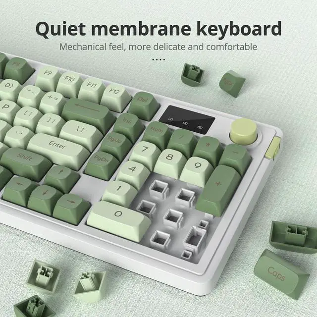 Alt view image 6 of 6 - Owpkeenthy 96% Wireless Matcha Green Keyboard with Number Pad Knob, 98 Keys Silent Mechanical Feeling Membrane Creamy Gaming Keyboard 3-Mode Wired/Bluetooth 5.0/2.4G for Win/Mac(98 Matcha)