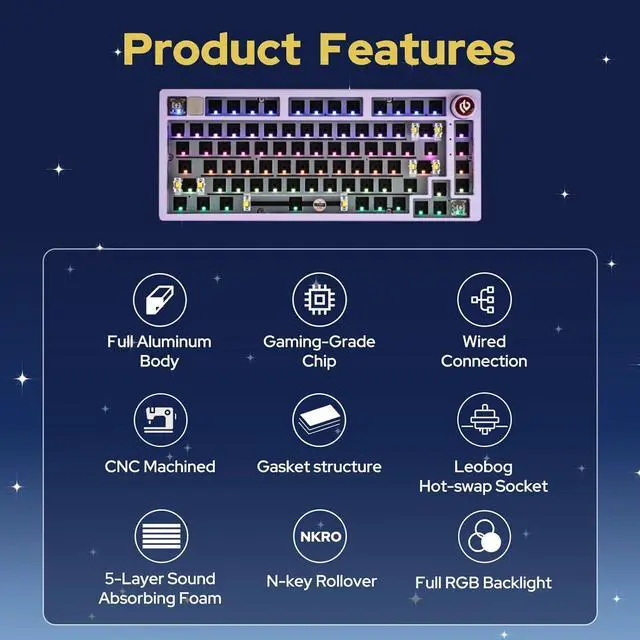 Alt view image 2 of 7 - EPOMAKER x LEOBOG Hi75 Aluminum Alloy Wired Gaming Keyboard Barebones Kit, 75% Gasket-Mounted RGB Creamy Keyboard, Hot-swap, with Mode-Switching Knob, for Win/Mac (Purple)