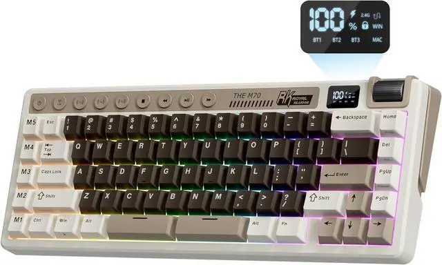 Main image of RK ROYAL KLUDGE M70 Wireless Mechanical Keyboard with Macro Keys 2.4GHz/Bluetooth/Wired 75% Gaming Keyboard with 6000mAh Battery Gasket-Mount Display & Knob RGB Hot-Swappable Linear Cream Switch