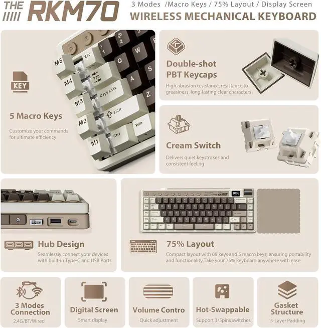Alt view image 2 of 7 - RK ROYAL KLUDGE M70 Wireless Mechanical Keyboard with Macro Keys 2.4GHz/Bluetooth/Wired 75% Gaming Keyboard with 6000mAh Battery Gasket-Mount Display & Knob RGB Hot-Swappable Linear Cream Switch