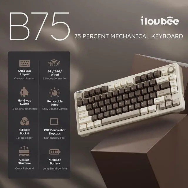 Alt view image 2 of 7 - iLovBee B75 Wireless Mechanical Keyboard, 75% Percent Gaming Keyboard w/Bluetooth/2.4GHz/USB Wired, Creamy Hot Swappable Keyboards with Knob, Gasket Mounted PBT keycaps, Pre-Lubed Linear Switches