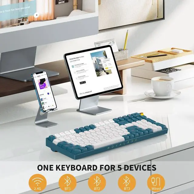 Alt view image 2 of 6 - R100 Wireless Mechanical Keyboard, G Pro 3.0 Yellow Switch, Hot Swappable Wired/Bluetooth/2.4G Wireless Keyboard with RGB Light for Windows & Mac, PBT Keycaps, Whale Blue