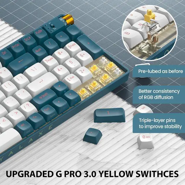 Alt view image 3 of 6 - R100 Wireless Mechanical Keyboard, G Pro 3.0 Yellow Switch, Hot Swappable Wired/Bluetooth/2.4G Wireless Keyboard with RGB Light for Windows & Mac, PBT Keycaps, Whale Blue