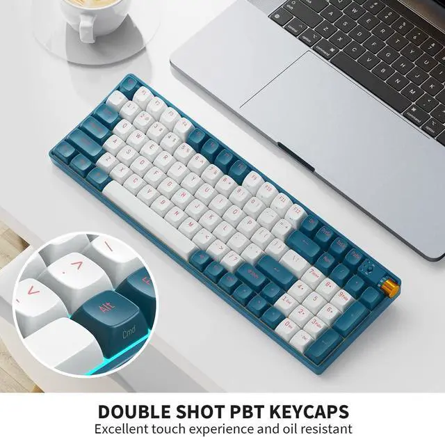 Alt view image 5 of 6 - R100 Wireless Mechanical Keyboard, G Pro 3.0 Yellow Switch, Hot Swappable Wired/Bluetooth/2.4G Wireless Keyboard with RGB Light for Windows & Mac, PBT Keycaps, Whale Blue