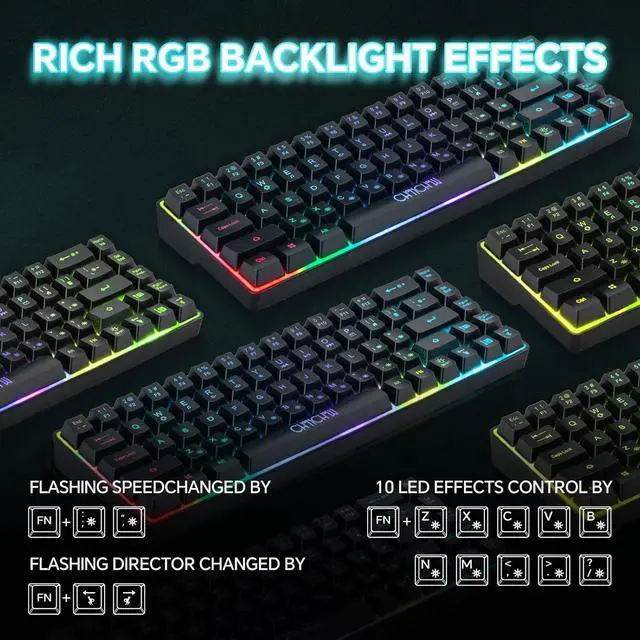 Alt view image 6 of 7 - 60% Gaming LED Keyboard RGB 68 Keys Layout Wired Keypad with 10 Preset Effects Mechanical Switch Feel Compatible with PC Mac Linux Xbox one PS4 PS5