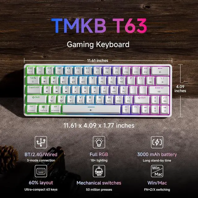 Alt view image 2 of 7 - TMKB T63 Gaming Keyboard, 60% Wireless Mechanical Keyboard with Bluetooth/2.4G/Type-C, Compact 63 Keys Anti-Ghosting, RGB Backlight, Clicky Blue Switch - White