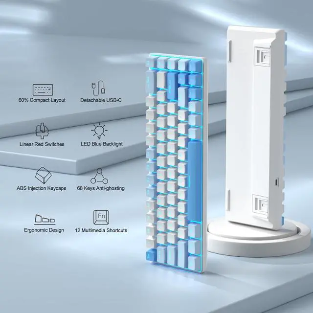 Alt view image 2 of 7 - MageGee Portable 60% Mechanical Gaming Keyboard, MK-Box LED Backlit Compact 68 Keys Mini Wired Office Keyboard with Red Switch for Windows Laptop PC Mac - Sky Blue