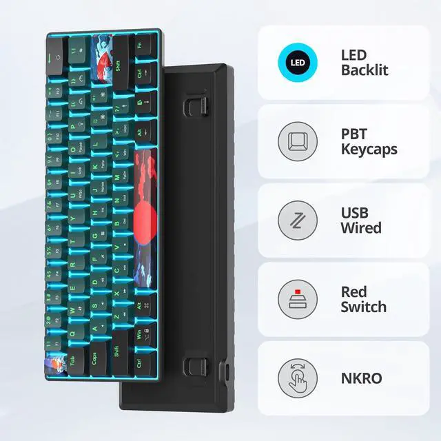 Alt view image 4 of 7 - 60 Percent Gaming Keyboard 60% Mechanical Keyboard LED Backlit Ultra Compact Wired Keyboard with Red Switch for Windows Laptop Gamer(61 Sound Wave)