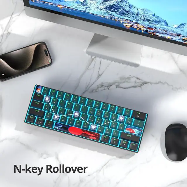 Alt view image 5 of 7 - 60 Percent Gaming Keyboard 60% Mechanical Keyboard LED Backlit Ultra Compact Wired Keyboard with Red Switch for Windows Laptop Gamer(61 Sound Wave)